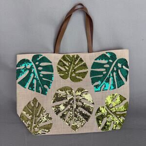 Mud Pie Sequin Dazzle Jute Beach Tote Bag featuring sequined leaf designs9